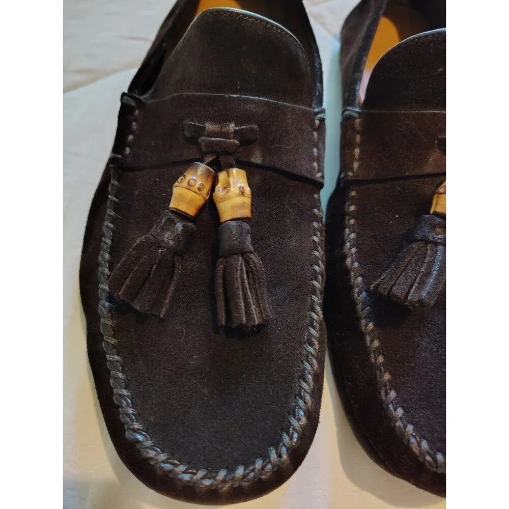 GUCCI Dark Brown Suede Bamboo Tassel Drivers Loafers Mens Size 7.5 D Made in...
